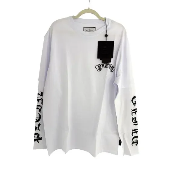 Philipp Plein Men's White Banner Embroidery Double Sleeve T-Shirt Size XXL